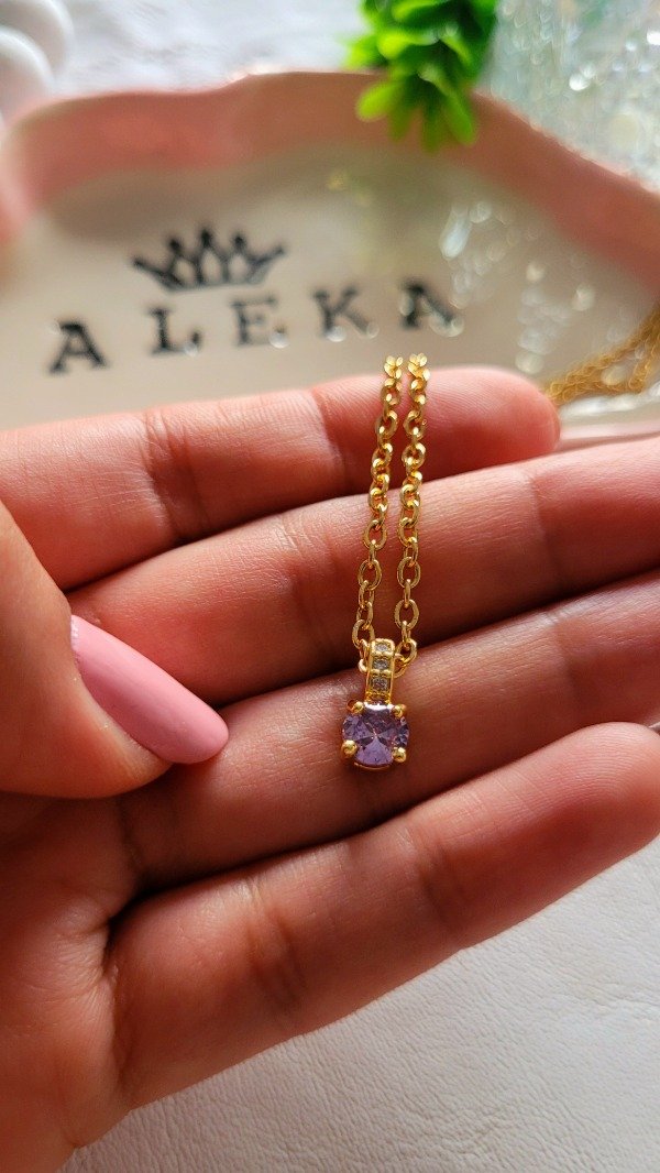 Producto - Conjunto dije y aros cubic redondo lila con strass de acero dorado - 3