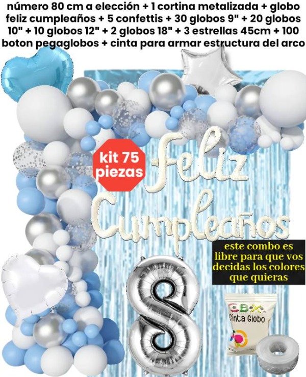 Producto - Kit 75 piezas globos blanco plateado y celeste