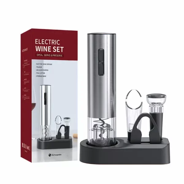 Producto - Set Eléctrico para Vino  Elegancia y Practicidad en un Solo Lugar  Color acero