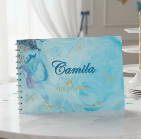 Producto - Kit Imprimible Libro De Firmas Mis 15 años - CELESTE ABSTRACTO