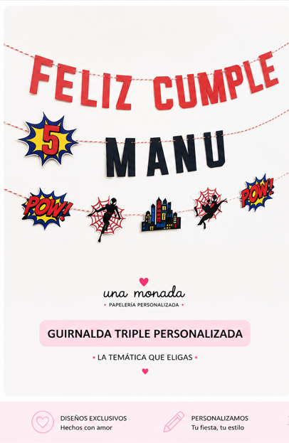 Producto - Guirnalda triple - Feliz cumple + nombre + imágenes impresas