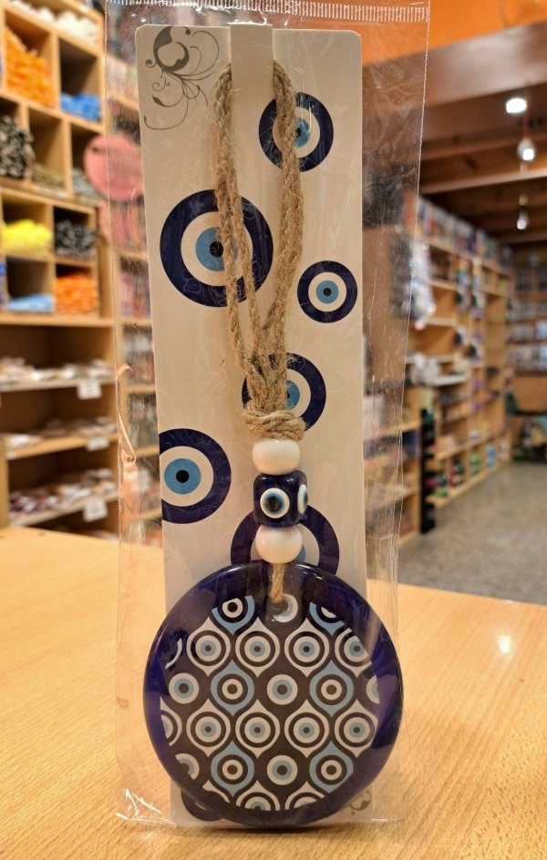 Producto - Colgante de vidrio Ojo Turco N 4 con hilo yute mediano 23 cm x 8 cm diametro