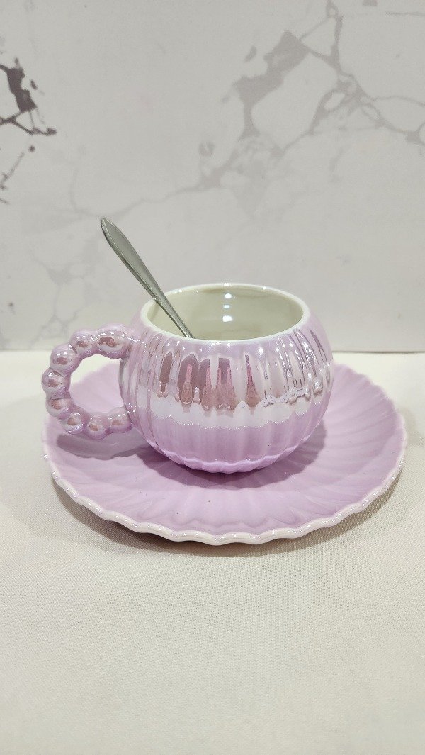 Producto - Taza Tornasolada LILA + plato + cuchara