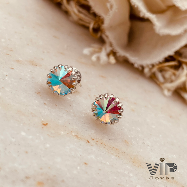 Producto - Aros Cristal Tornasol Engarzados 9mm Plata 925