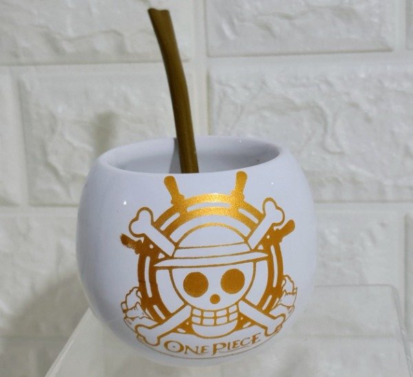 Producto - Mate burbuja blanco y dorado calavera One Piece