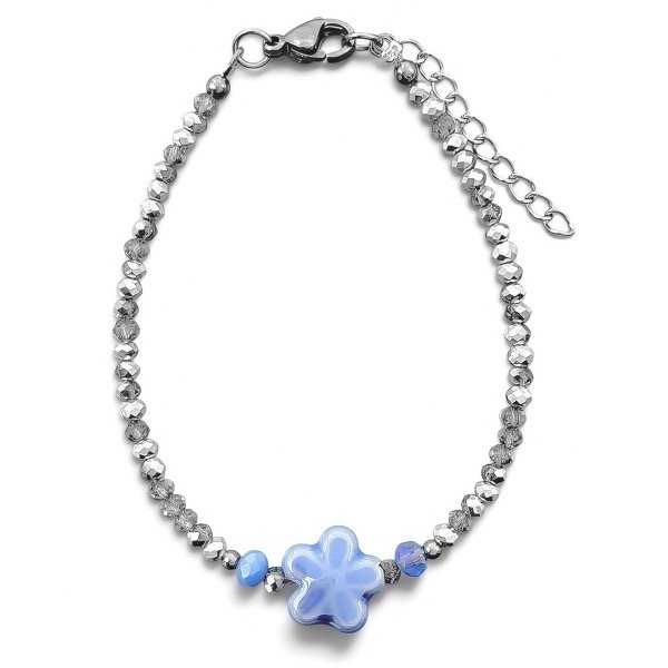 Producto - Pulsera de cristal checo 3mm . Gris . Flor azul claro - 0