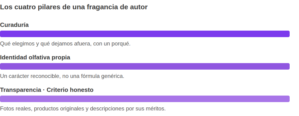Los cuatro pilares de una fragancia de autor: curaduría (qué elegimos y qué dejamos afuera), identidad olfativa propia (un carácter reconocible), transparencia (fotos reales y productos originales) y criterio honesto (describir por sus méritos, sin promesas mágicas). Marco conceptual, no datos medidos.