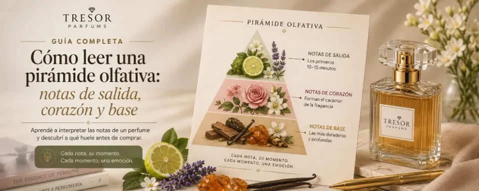 Cómo leer una pirámide olfativa: notas de salida, corazón y base — portada de TresorParfums